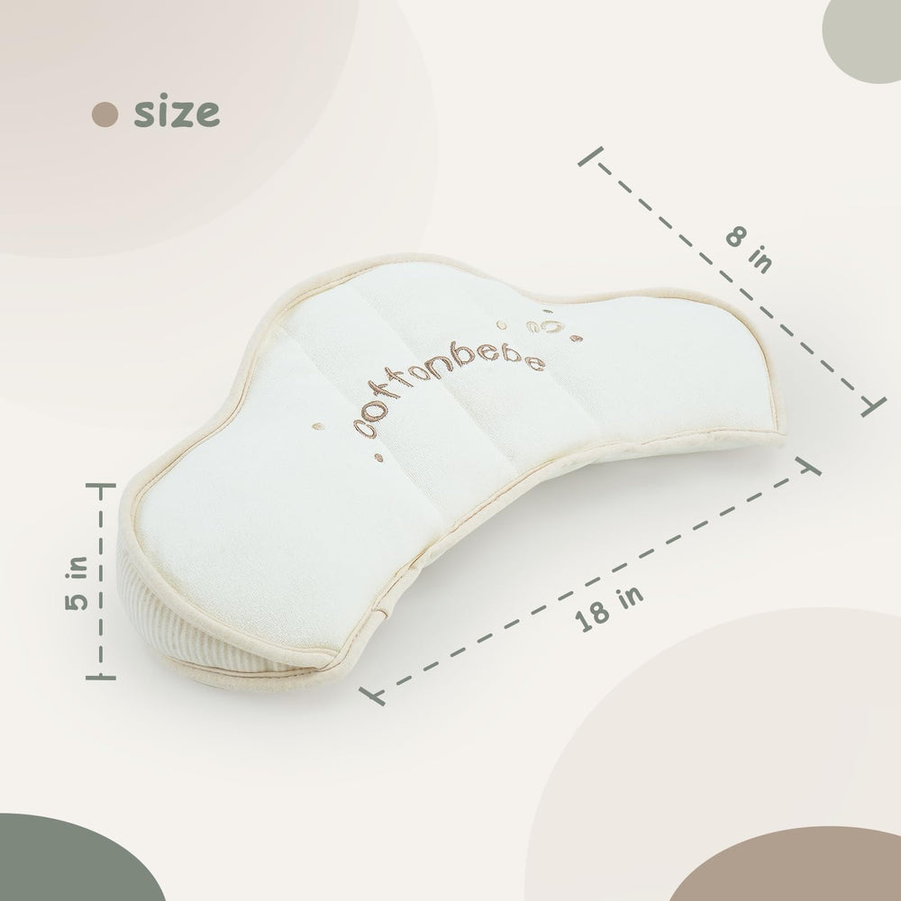 COTTONBEBE tummy time cushion side view shows ergonomic design supporting neck and shoulders