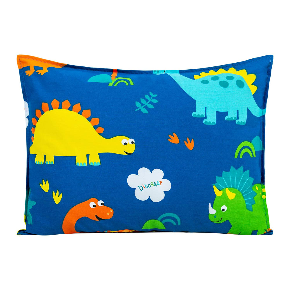 Cottonblue blue dinosaur pillowcase close-up shows breathable organic cotton texture