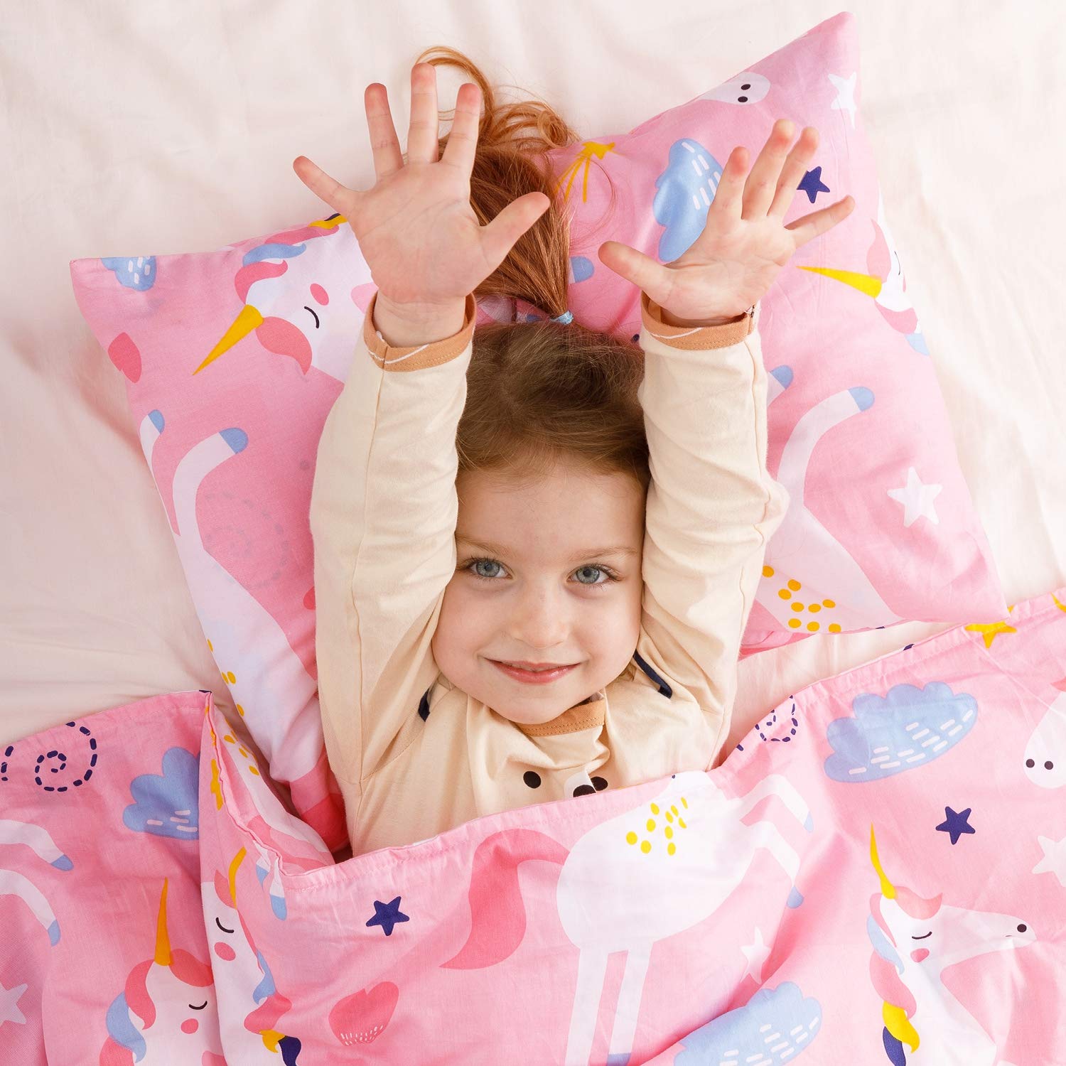 Cottonblue organic pillowcase pink unicorn close-up showing breathable cotton