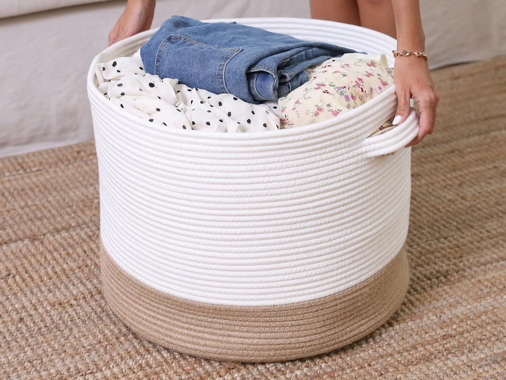 Cottonphant basket in living room complements neutral decor