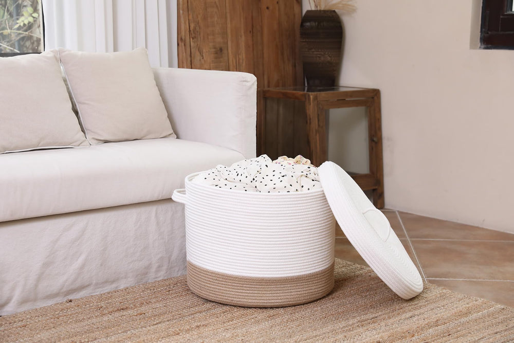 Cottonphant laundry hamper in white with jute bottom helps organized laundry