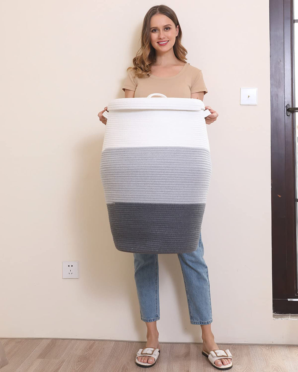 Flagon-shaped basket with lid offering concealed storage for textiles.