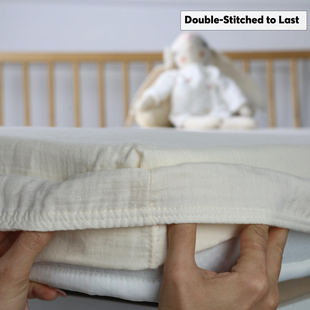Cottonsis muslin double-stitched edges closeup highlights durability for wash-after-wash use.