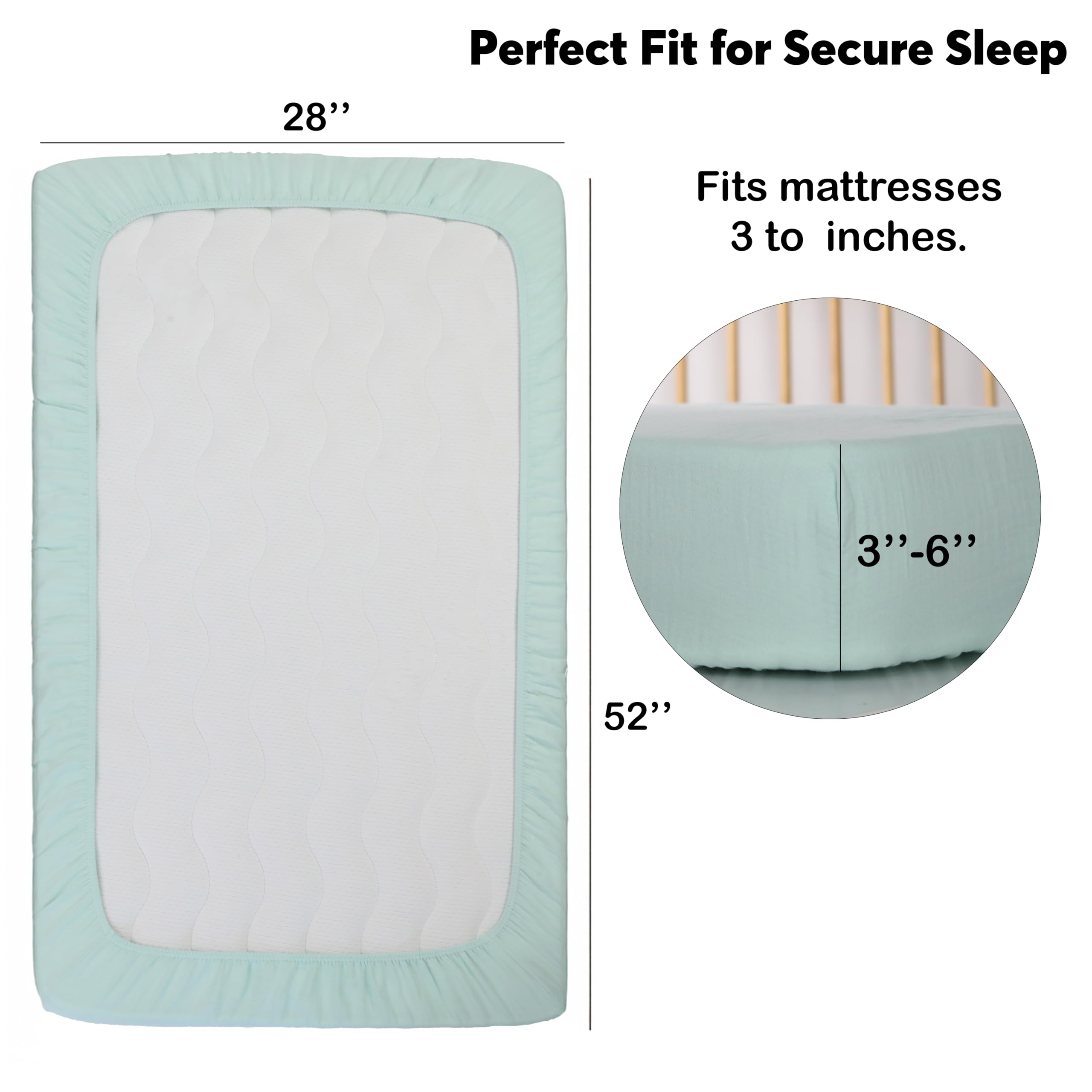Cottonsis muslin crib sheet on mattress mint green closeup emphasizes 360-degree elastic edge for snug fit.