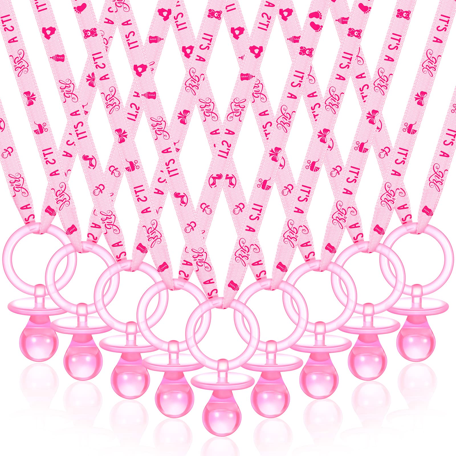 Coume pink pacifier necklaces closeup showing 60-piece baby shower decorations for parties