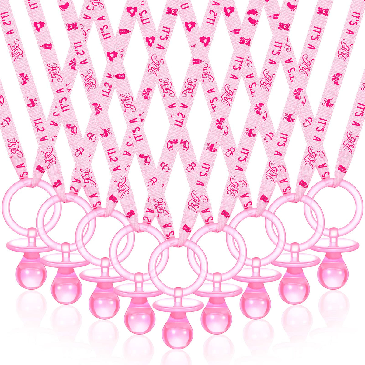 Coume pink pacifier necklaces closeup showing 60-piece baby shower decorations for parties