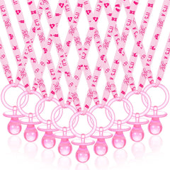 Coume pink pacifier necklaces closeup showing 60-piece baby shower decorations for parties