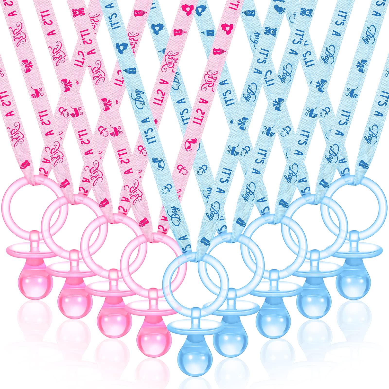 Coume baby shower pacifier necklace blue pink closeup showcases a wearable party favor