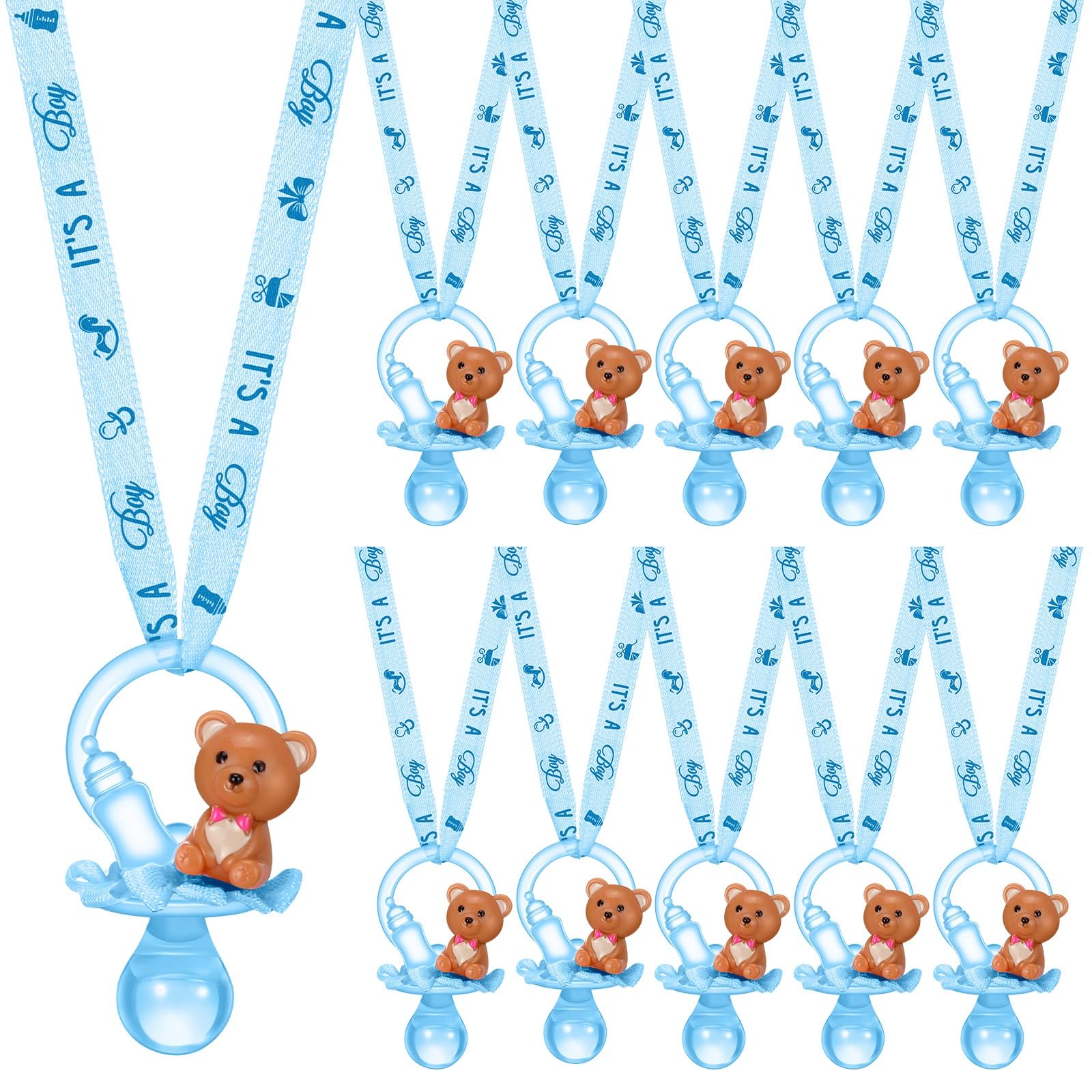 Coume baby shower pacifiers necklace blue pack packaged on display