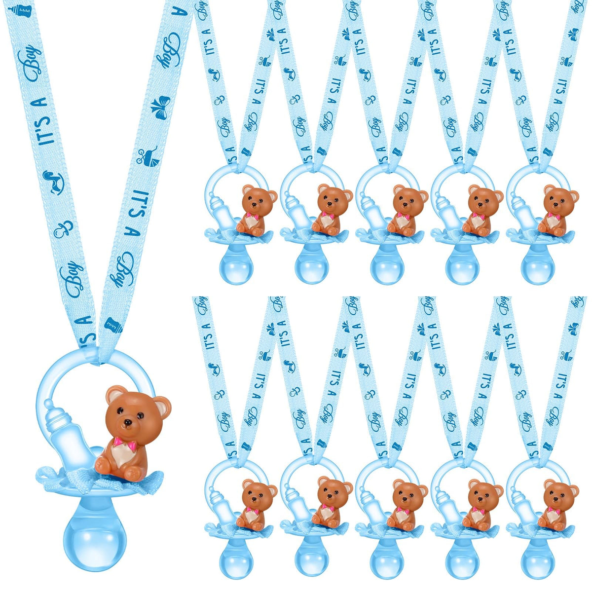 Coume baby shower pacifiers necklace blue pack packaged on display