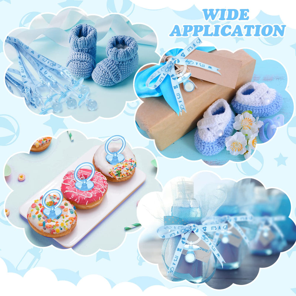 Coume baby shower pacifiers table decor enhances party ambiance.