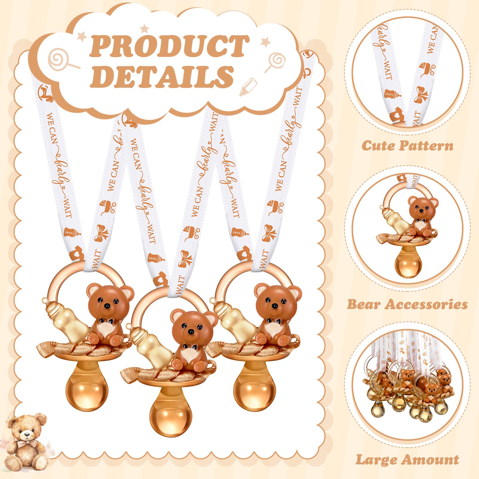 Coume bear charm acrylic pacifier close-up highlights cute details for party keepsakes.