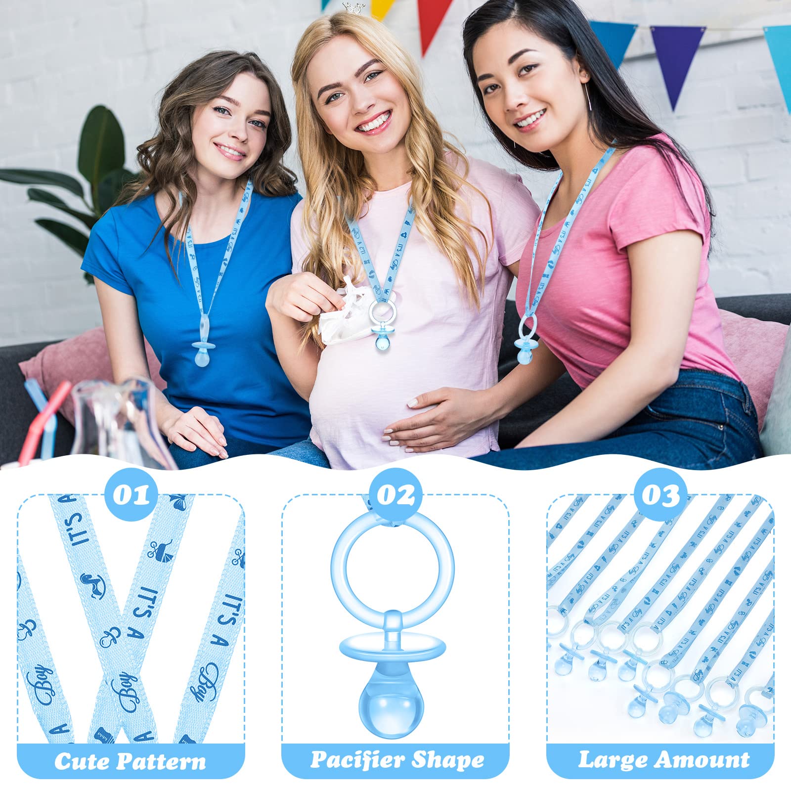 Coume blue acrylic pacifier necklace close-up showing decorative wearable.