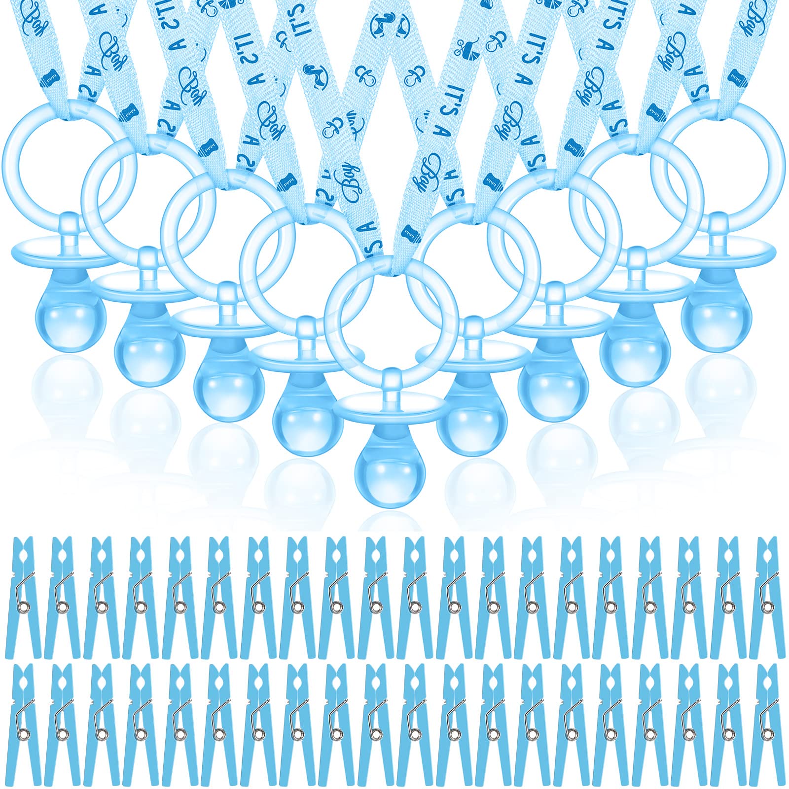 Coume blue pacifier necklace shows 36-inch length for stylish baby shower decor