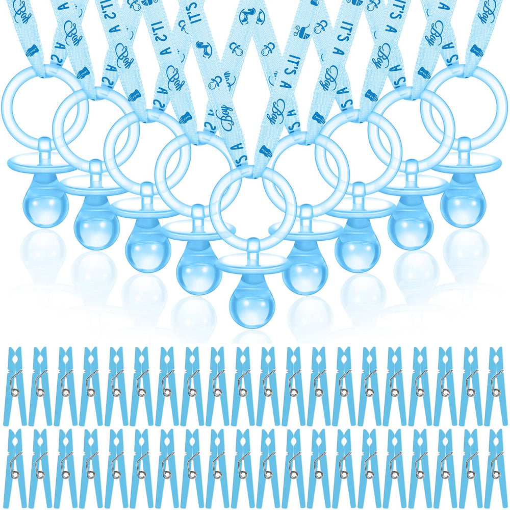 Coume blue pacifier necklace shows 36-inch length for stylish baby shower decor