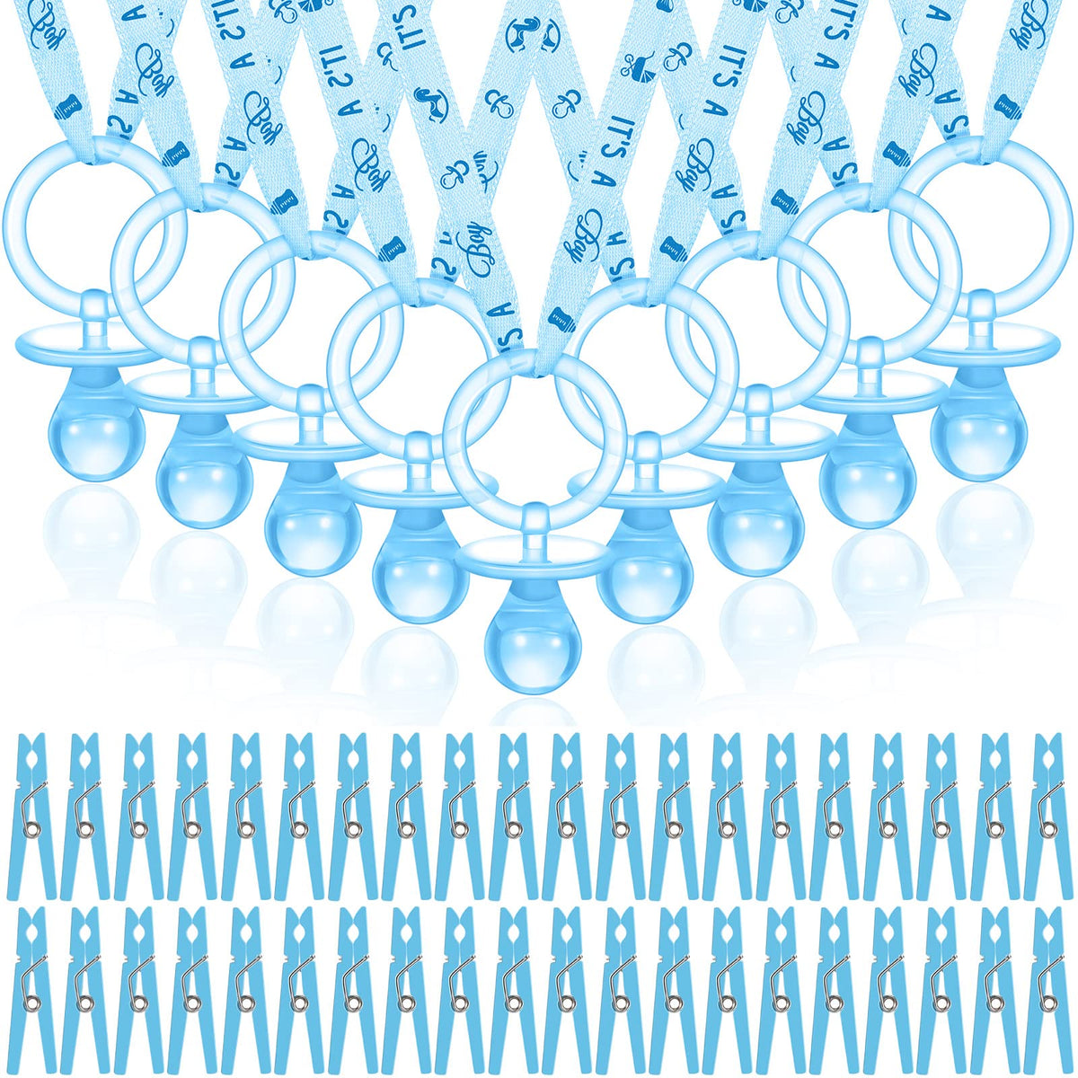 Coume blue pacifier necklace shows 36-inch length for stylish baby shower decor