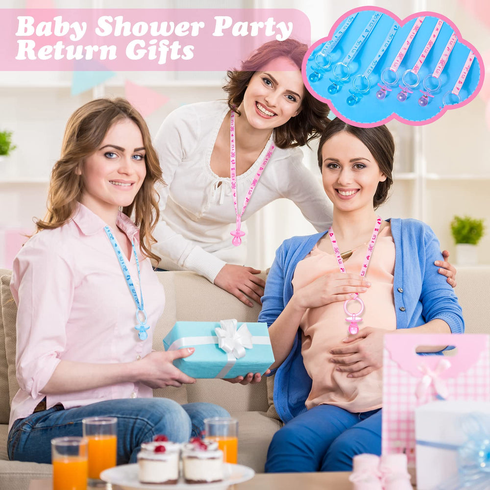 Coume blue-pink pacifier necklace on display supports easy sharing at gatherings