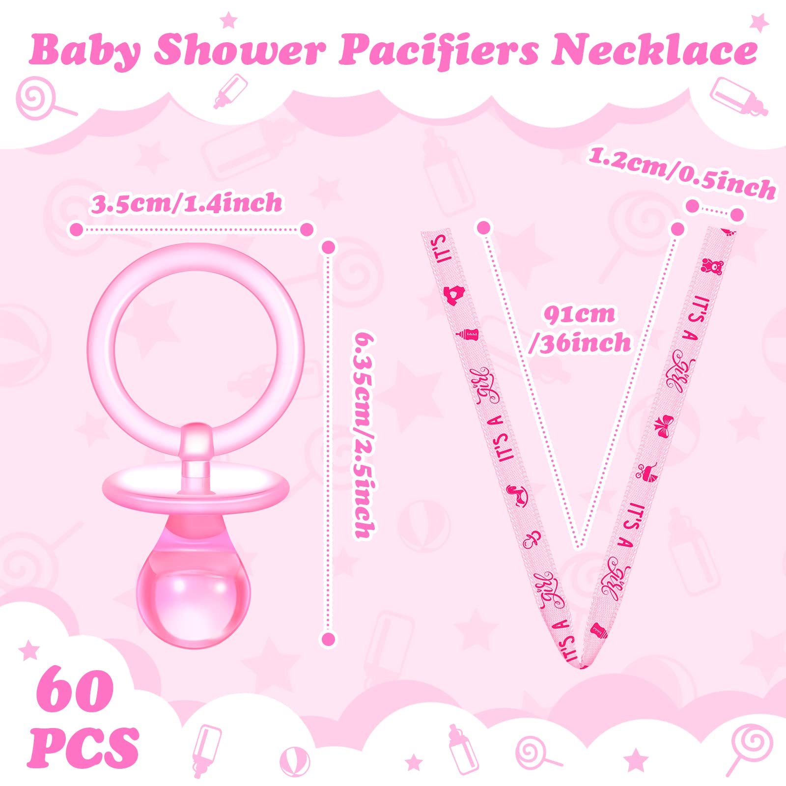 Coume pink pacifier necklaces on a table display as festive party favors