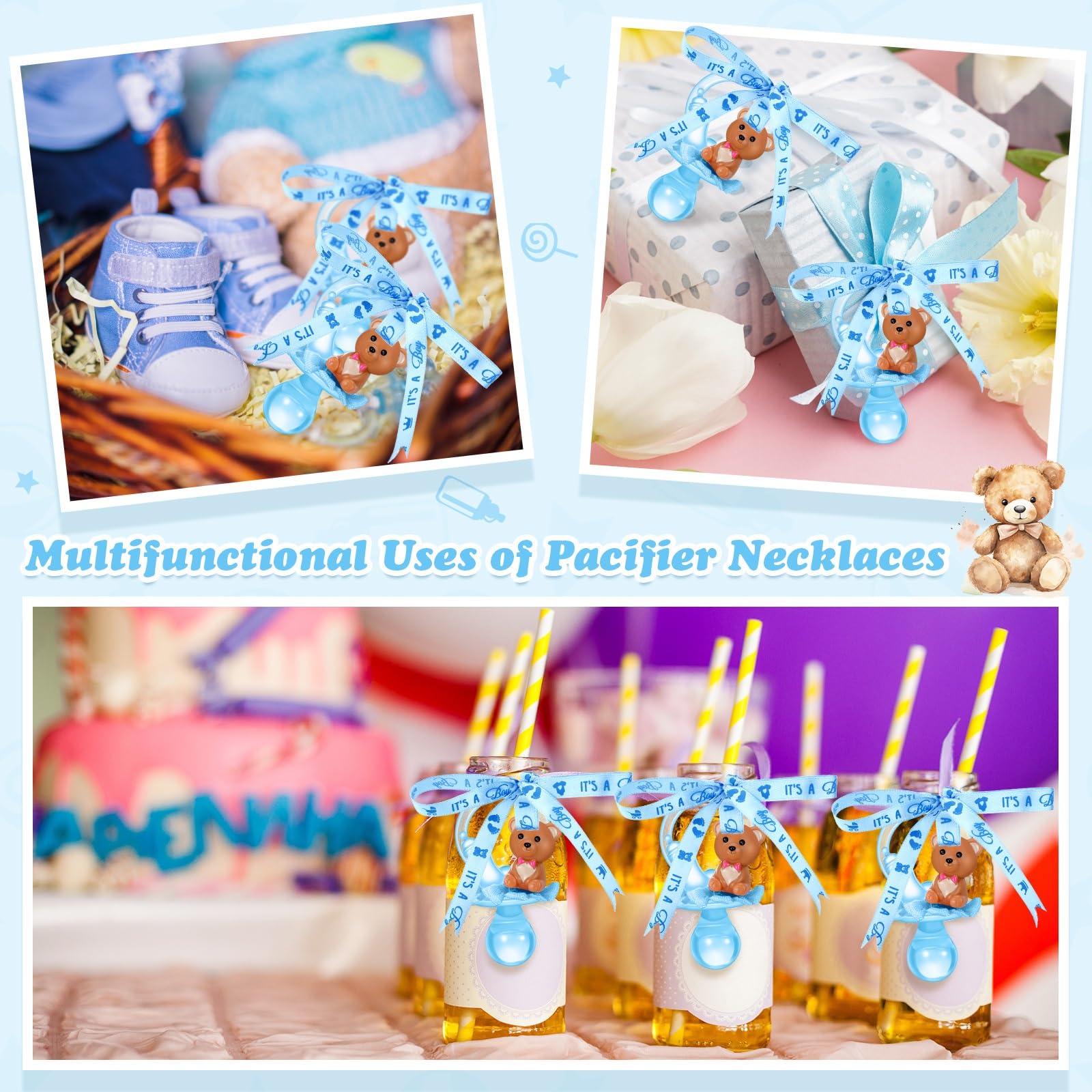 Coume party pacifier necklace on a decorated table scene