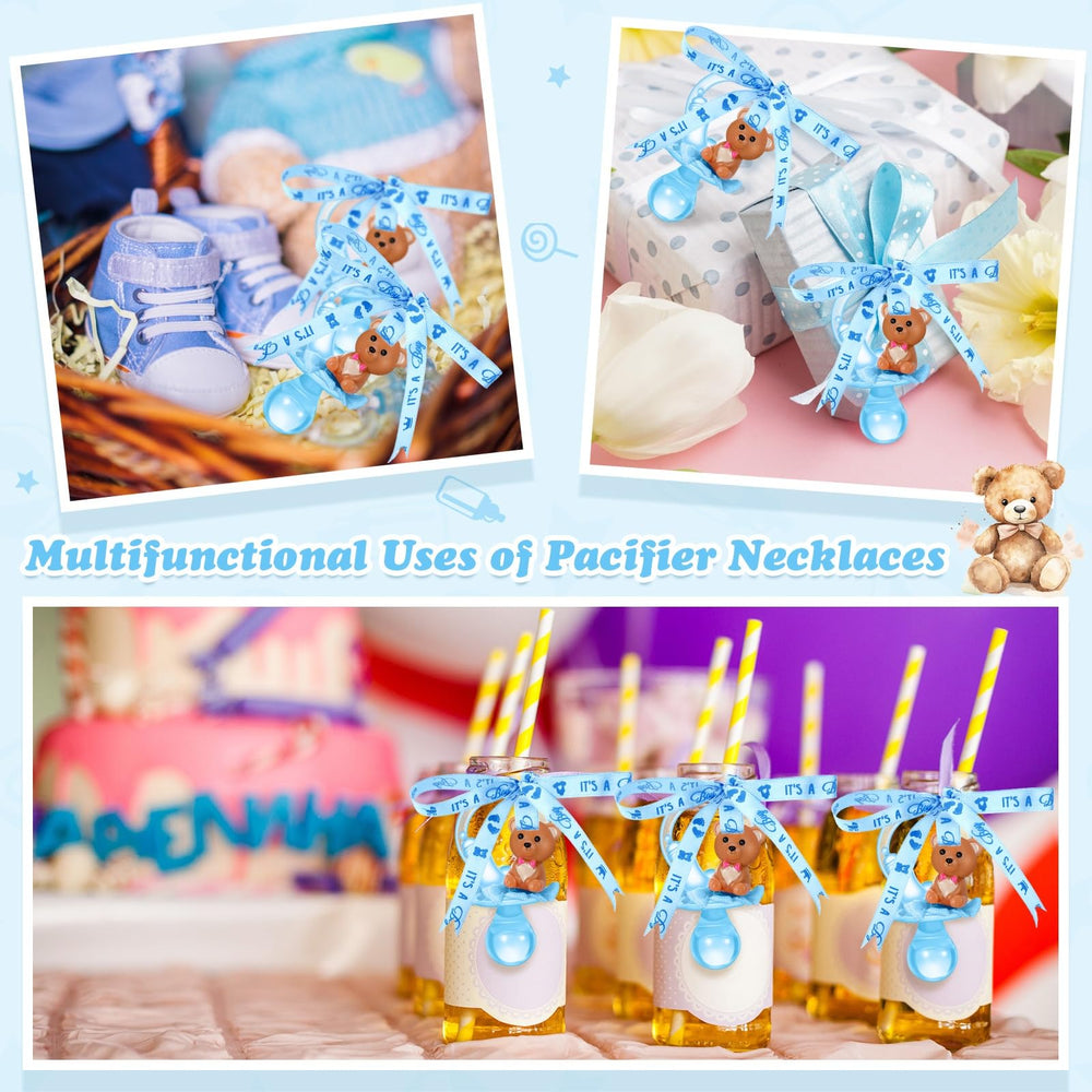Coume party pacifier necklace on a decorated table scene