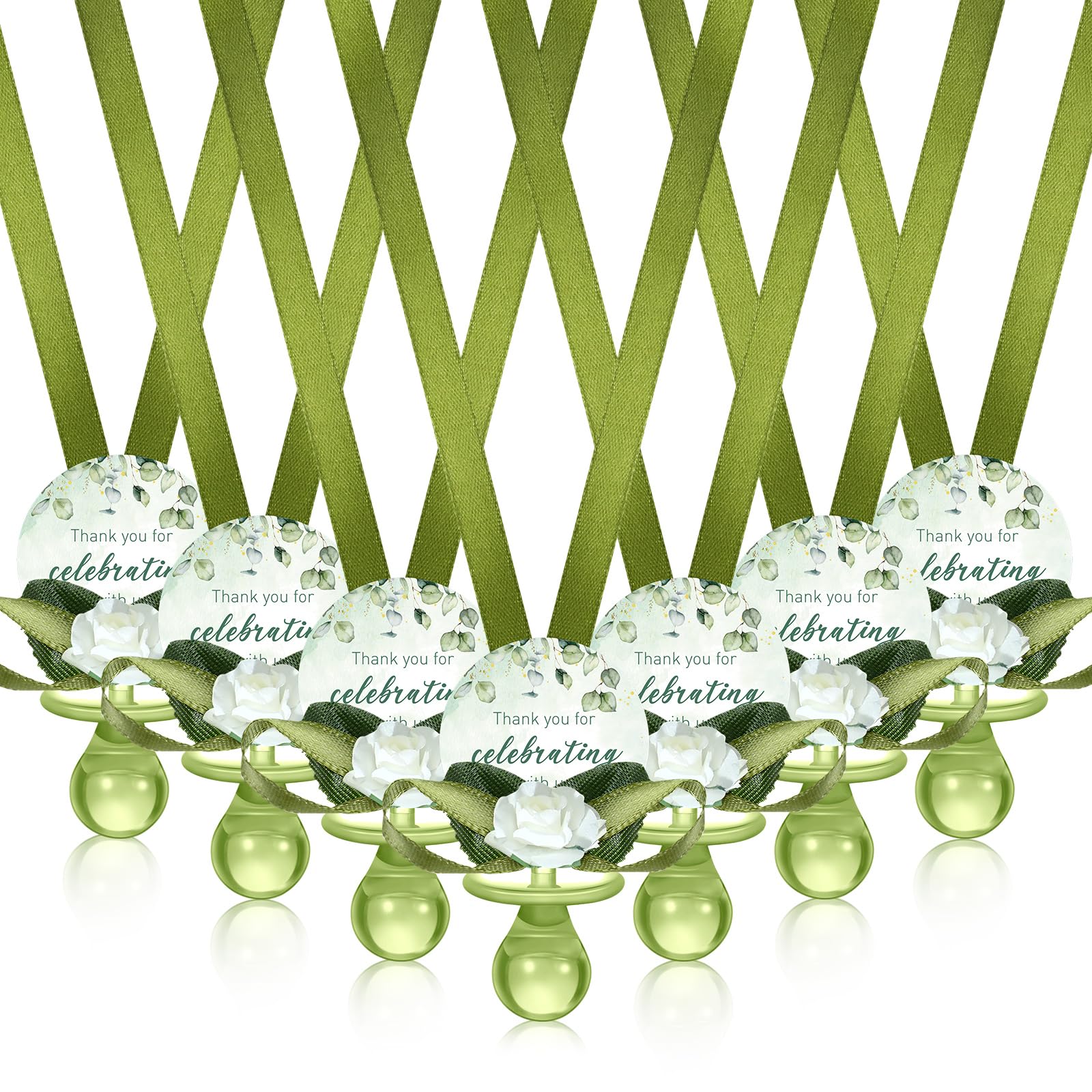 Coume sage-green pacifier necklace closeup — lightweight wearable favor.
