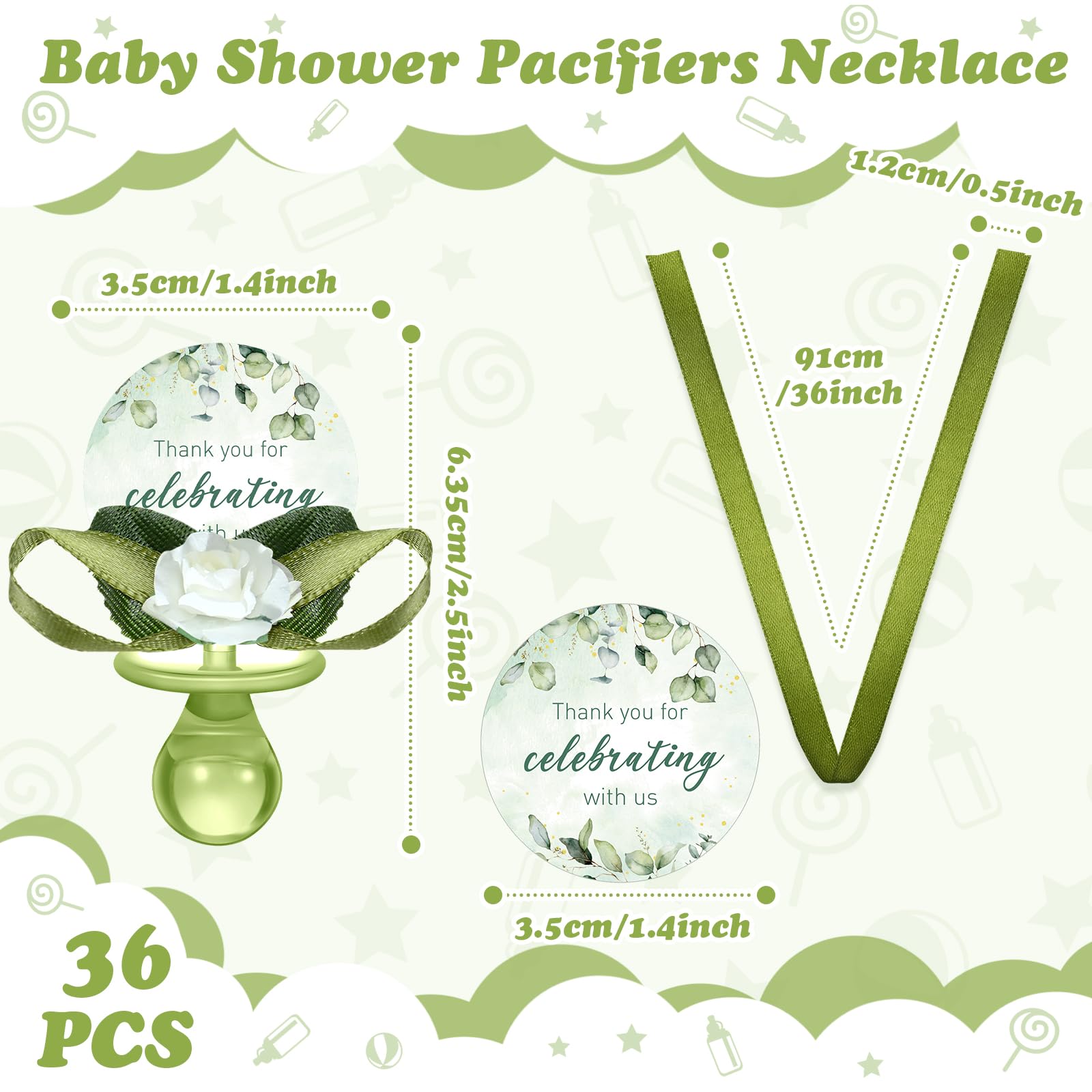 Coume sage-green pacifier necklace packaging — ready-to-gift party favors.