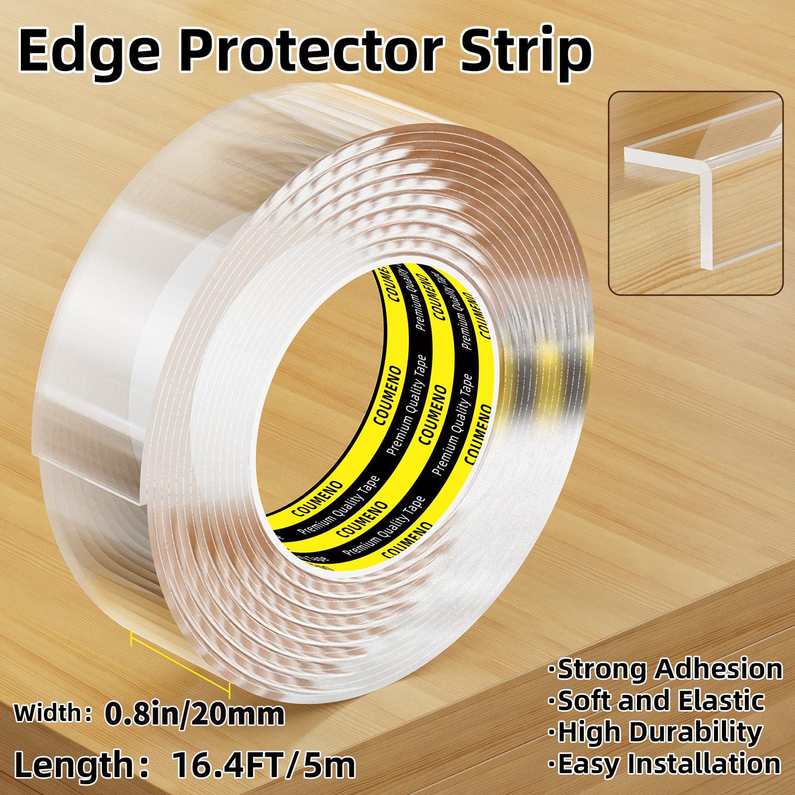 COUMENO Clear Edge Protector adhesive film close-up highlighting non-toxic, strong grip