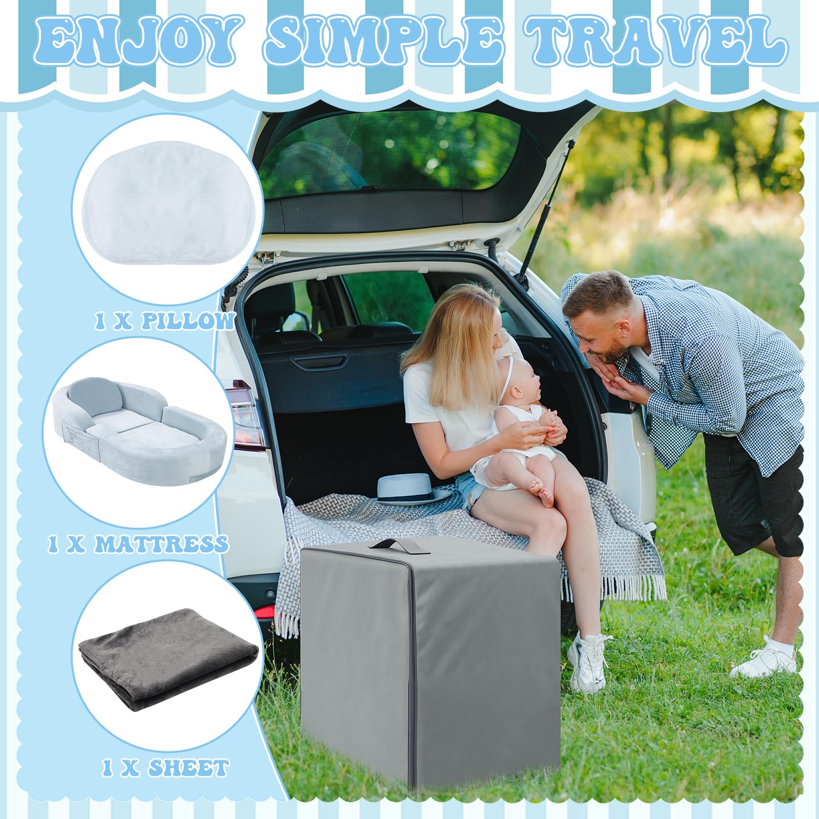 Coumy travel bed includes carry bag for easy transport and storage