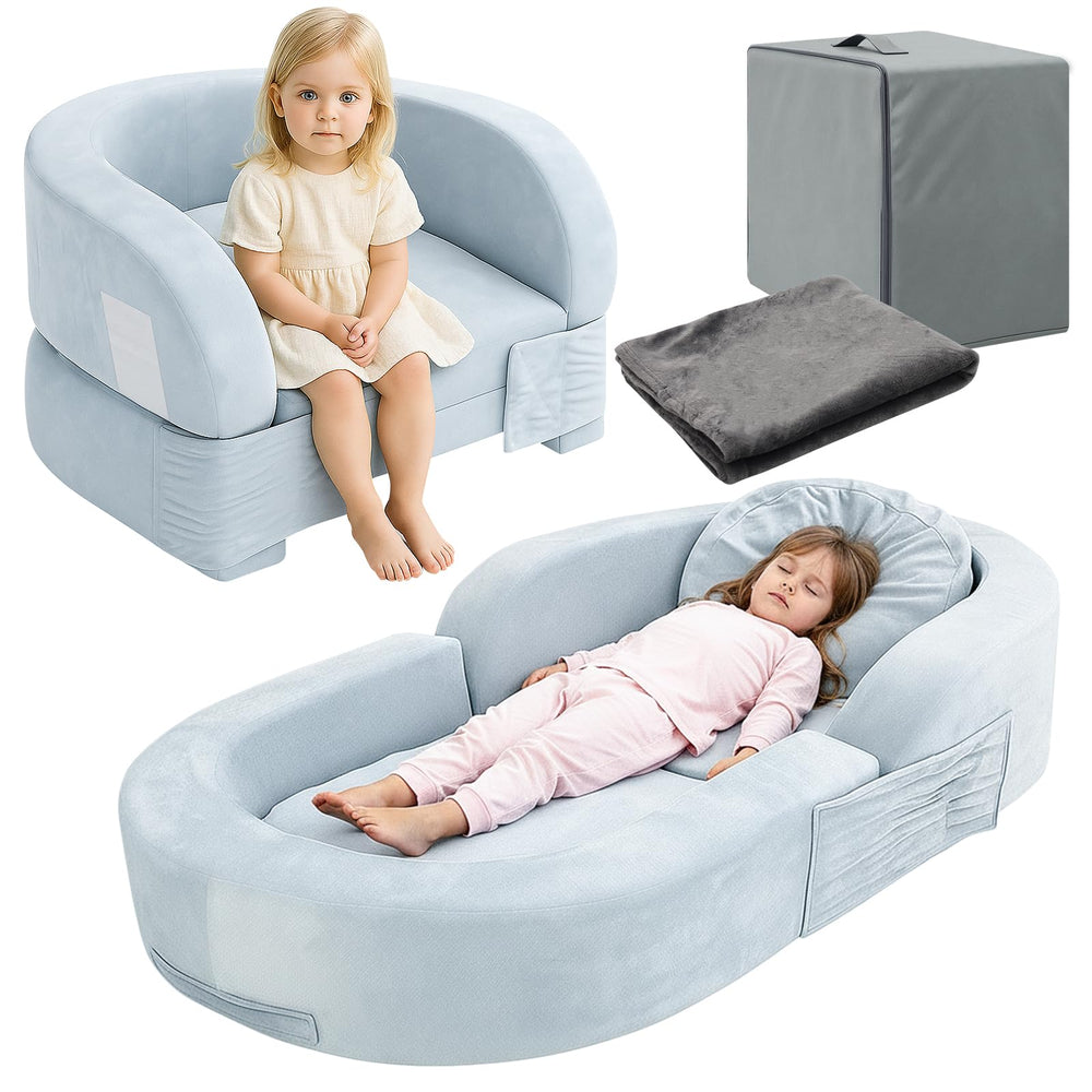Coumy toddler travel bed folded into chair for compact seating on the go