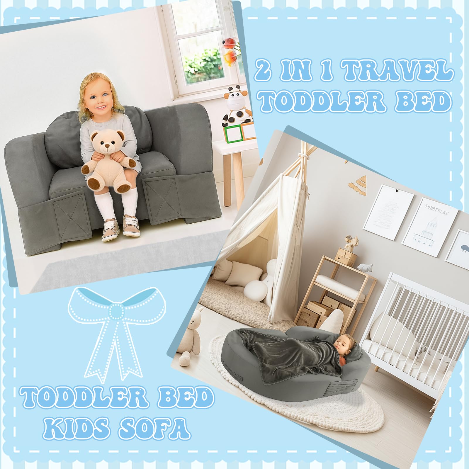 Coumy toddler travel bed with pillow and sheet included for cozy rests.