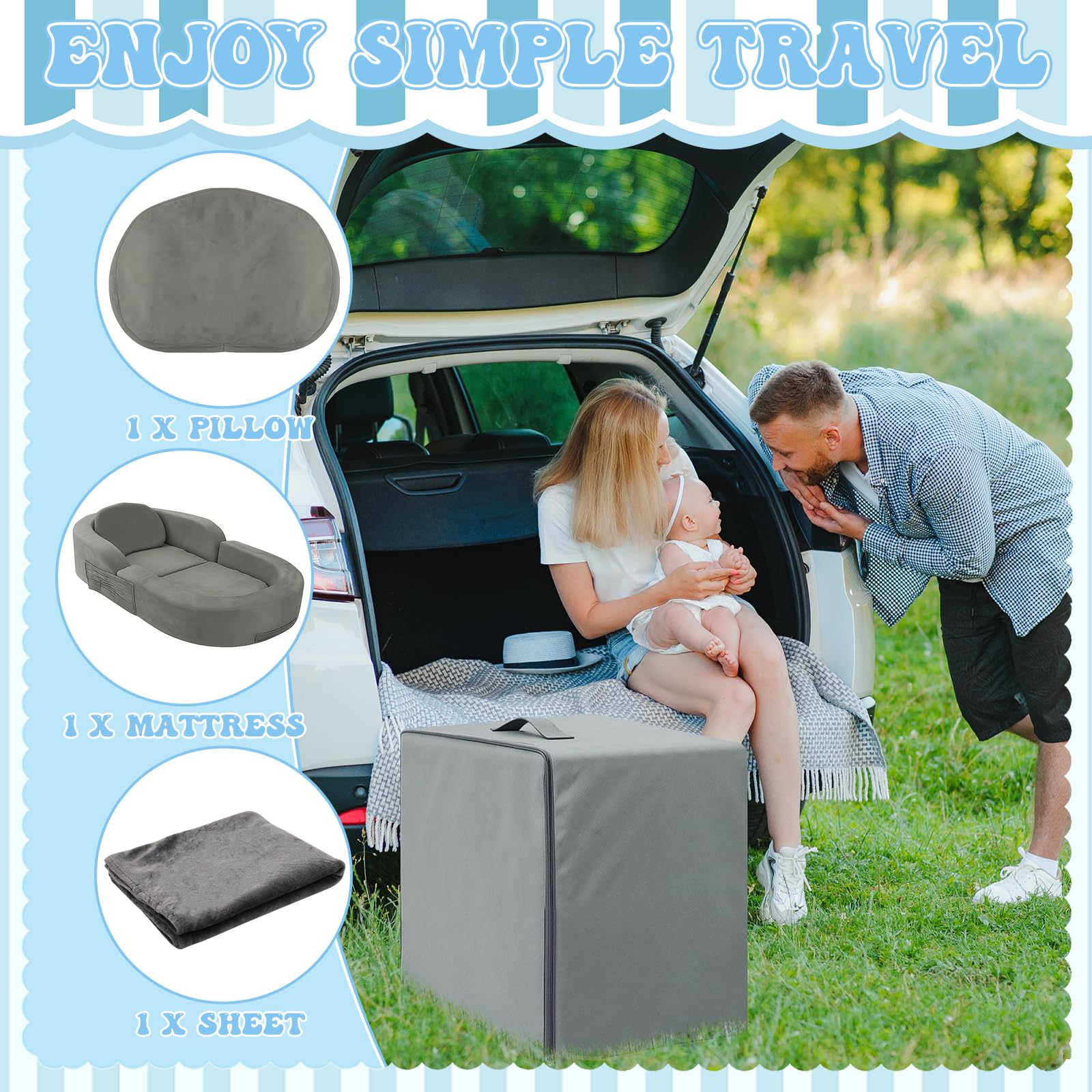 Coumy toddler travel bed in portable storage bag for traveling ease.