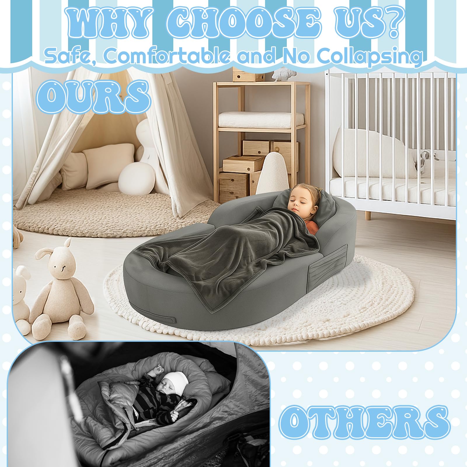 Coumy toddler travel bed suede lining provides soft, warm sleeping environment.