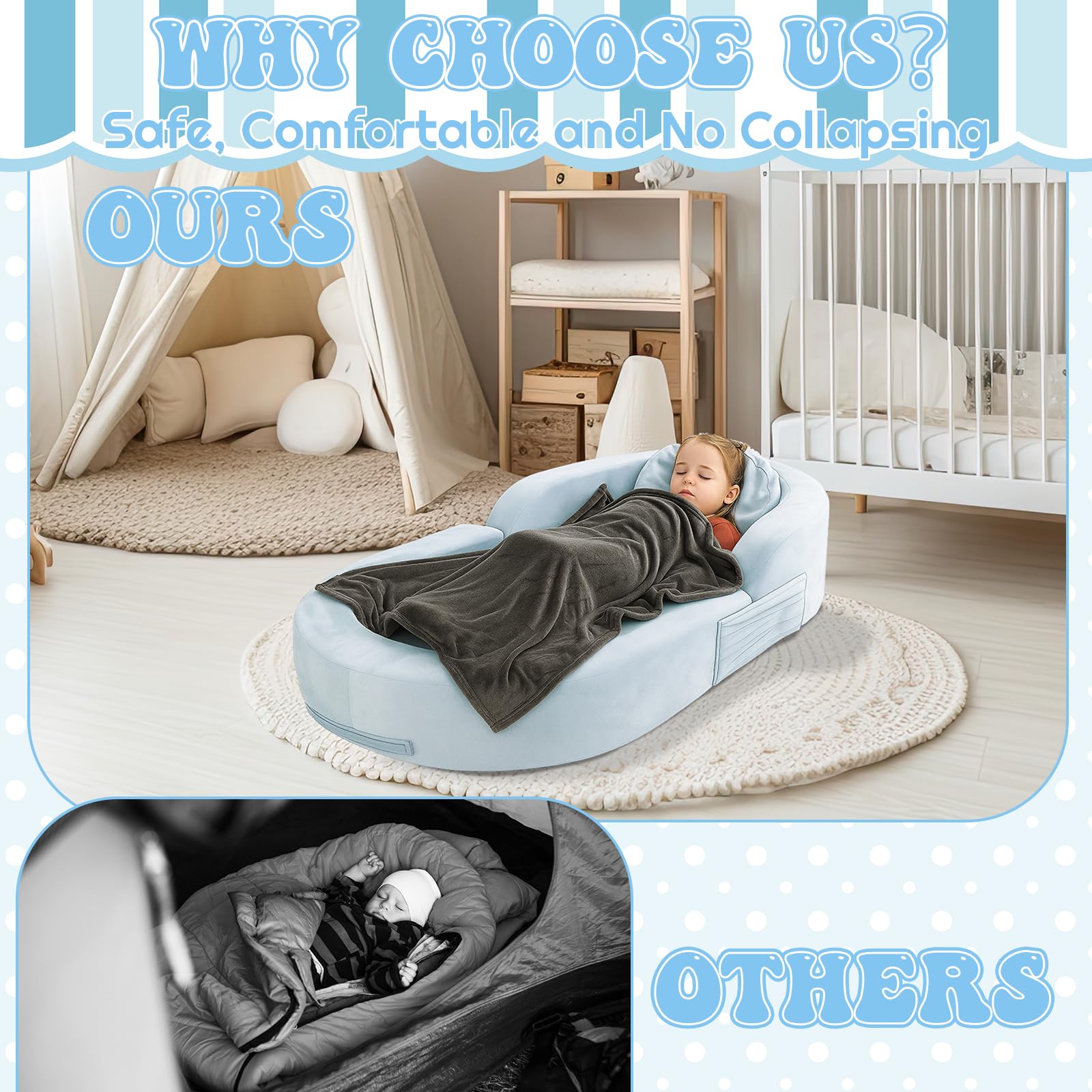 Coumy bed features waterproof covers for easy spill cleanup