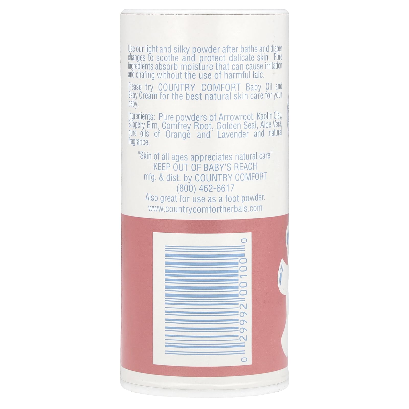Country Comfort herbal baby powder shake-top demonstrates easy, gentle application after baths