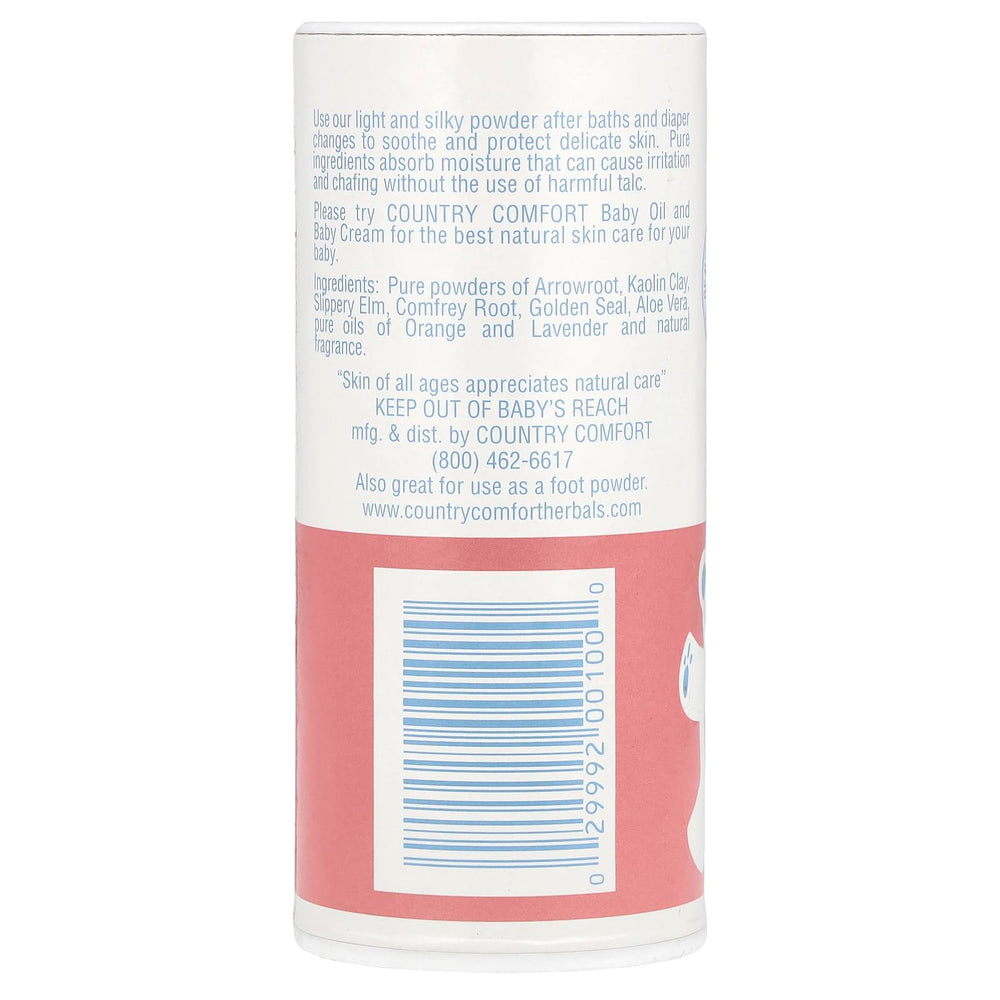 Country Comfort herbal baby powder shake-top demonstrates easy, gentle application after baths