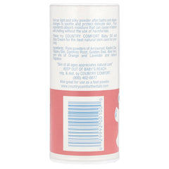 Country Comfort herbal baby powder shake-top demonstrates easy, gentle application after baths