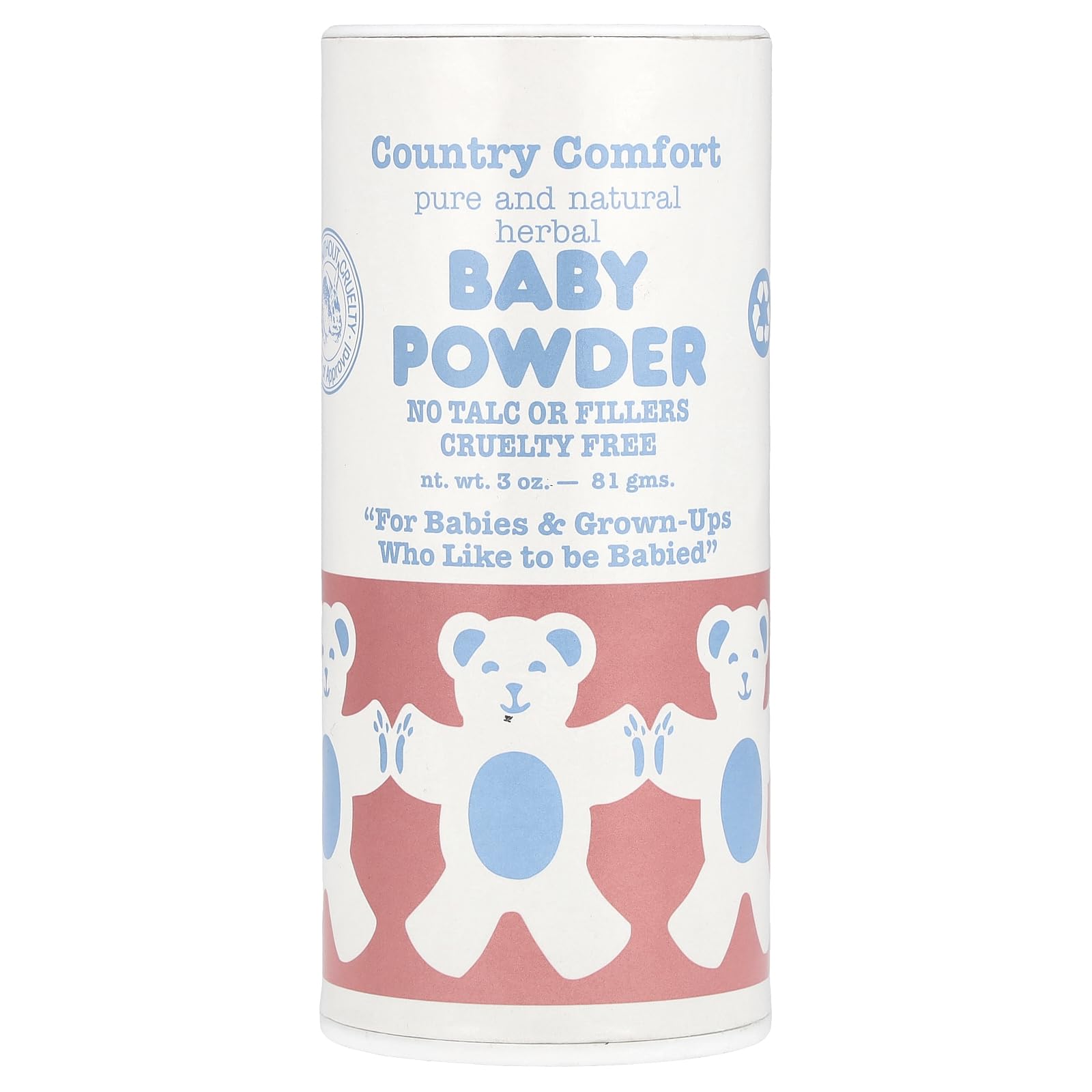 Country Comfort herbal baby powder jar demonstrates talc-free moisture absorption for sensitive skin