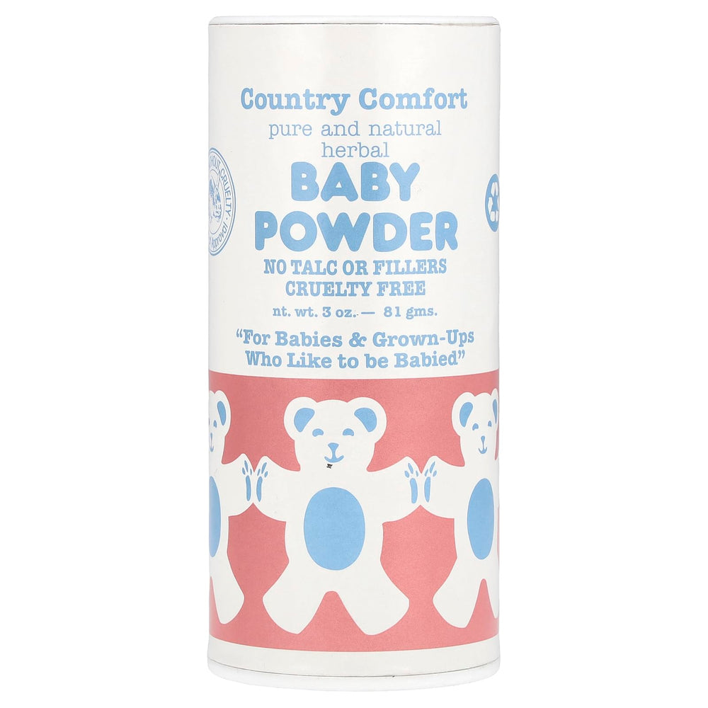 Country Comfort herbal baby powder jar demonstrates talc-free moisture absorption for sensitive skin