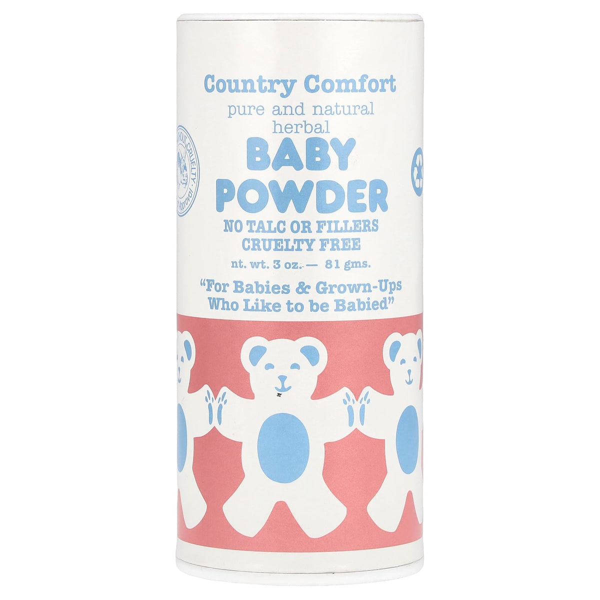 Country Comfort herbal baby powder jar demonstrates talc-free moisture absorption for sensitive skin