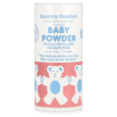 Country Comfort herbal baby powder jar demonstrates talc-free moisture absorption for sensitive skin
