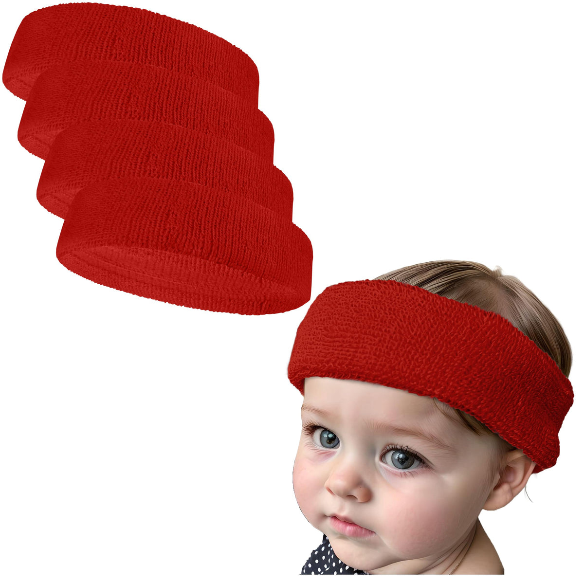 COUVER baby headbands red terry 4-piece set ready for soft, comfortable styling.