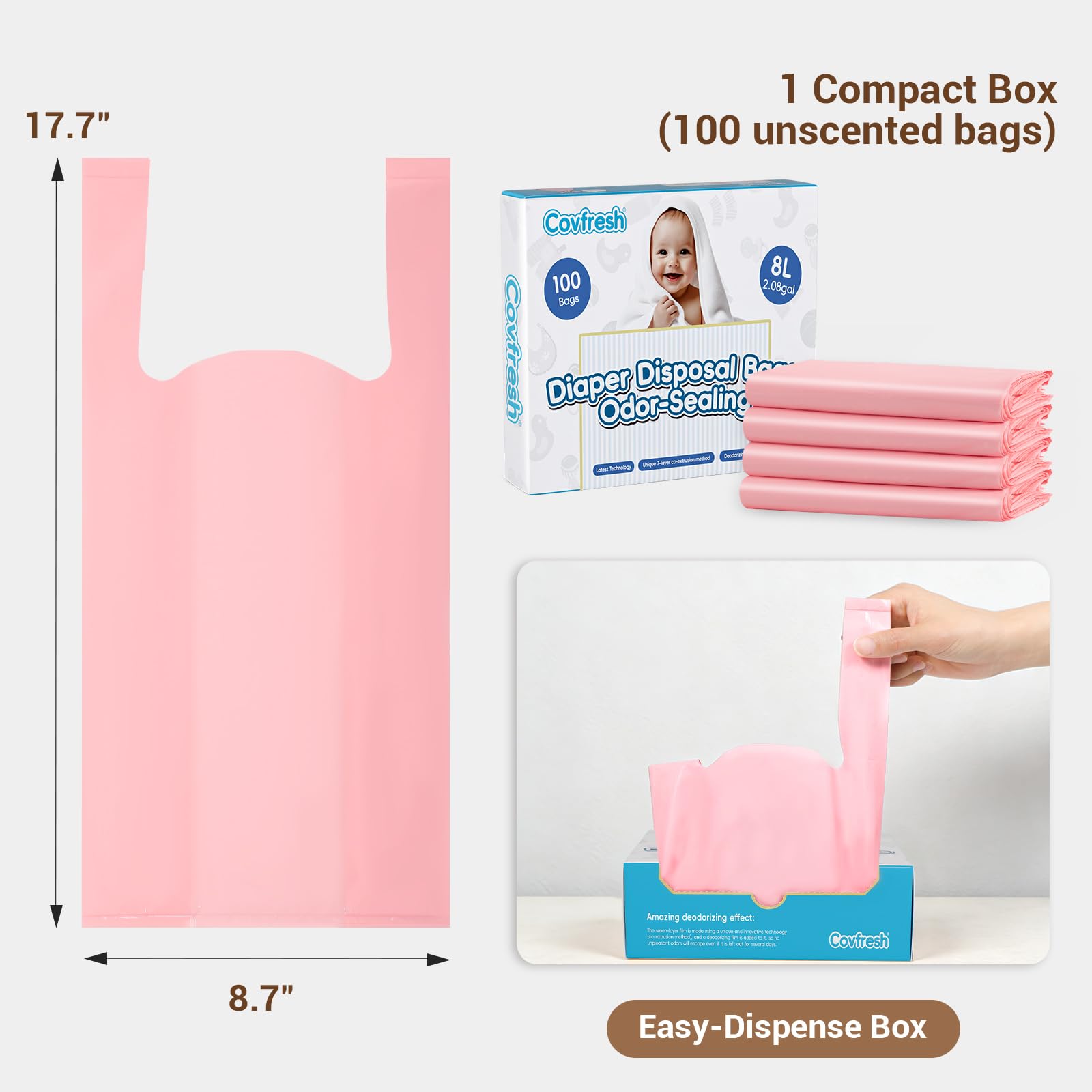 Covfresh diaper bags tie-handle close-up, easy hygienic disposal on the go