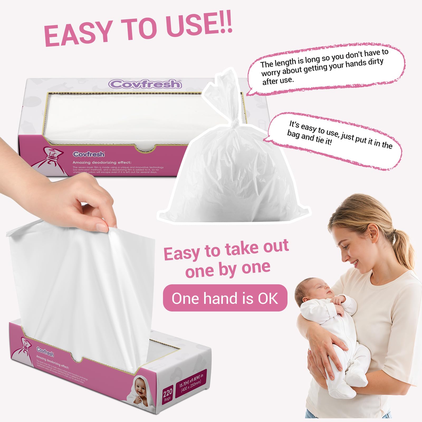 Covfresh diaper bags with twist-tie design seal odors instantly on the go.