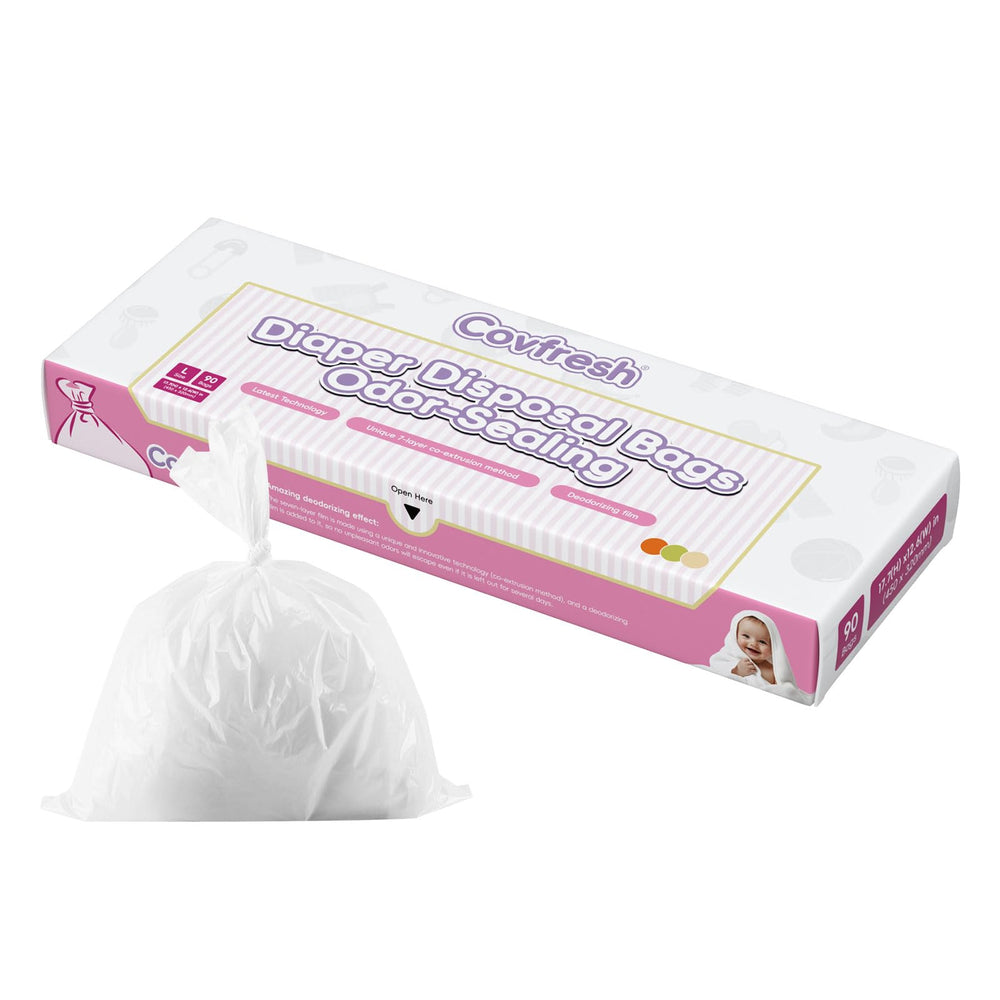 Covfresh odor-sealing diaper bags dispenser box for easy one-handed disposal.