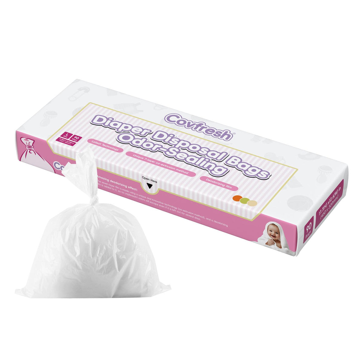 Covfresh odor-sealing diaper bags dispenser box for easy one-handed disposal.