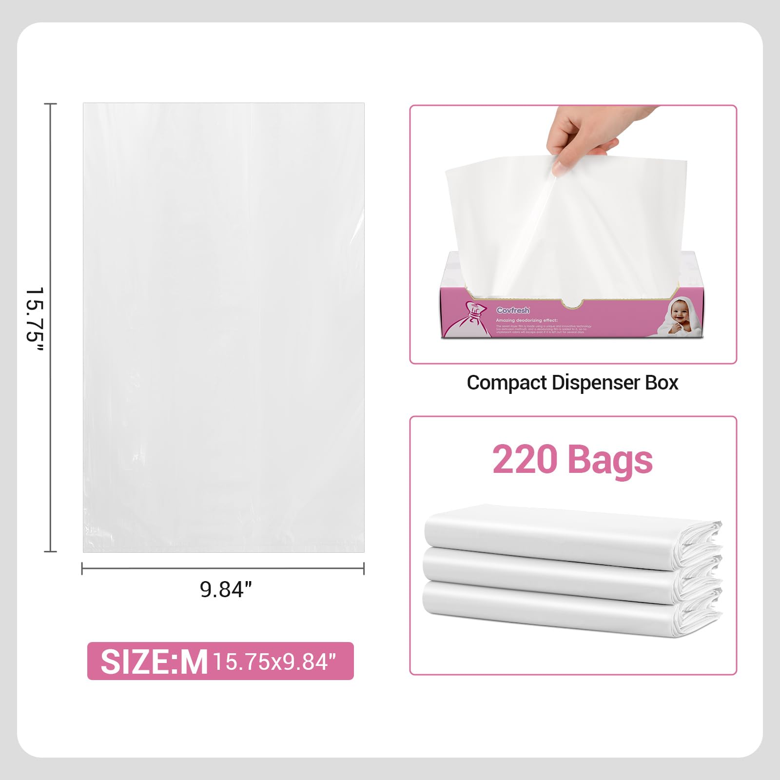 Covfresh odor sealing diaper bags feature tear resistant material for messier diaper disposal.
