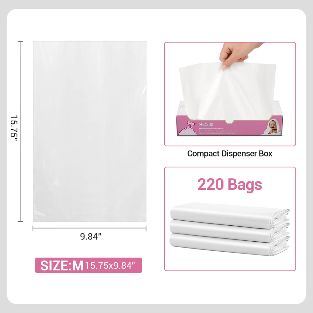 Covfresh odor sealing diaper bags feature tear resistant material for messier diaper disposal.