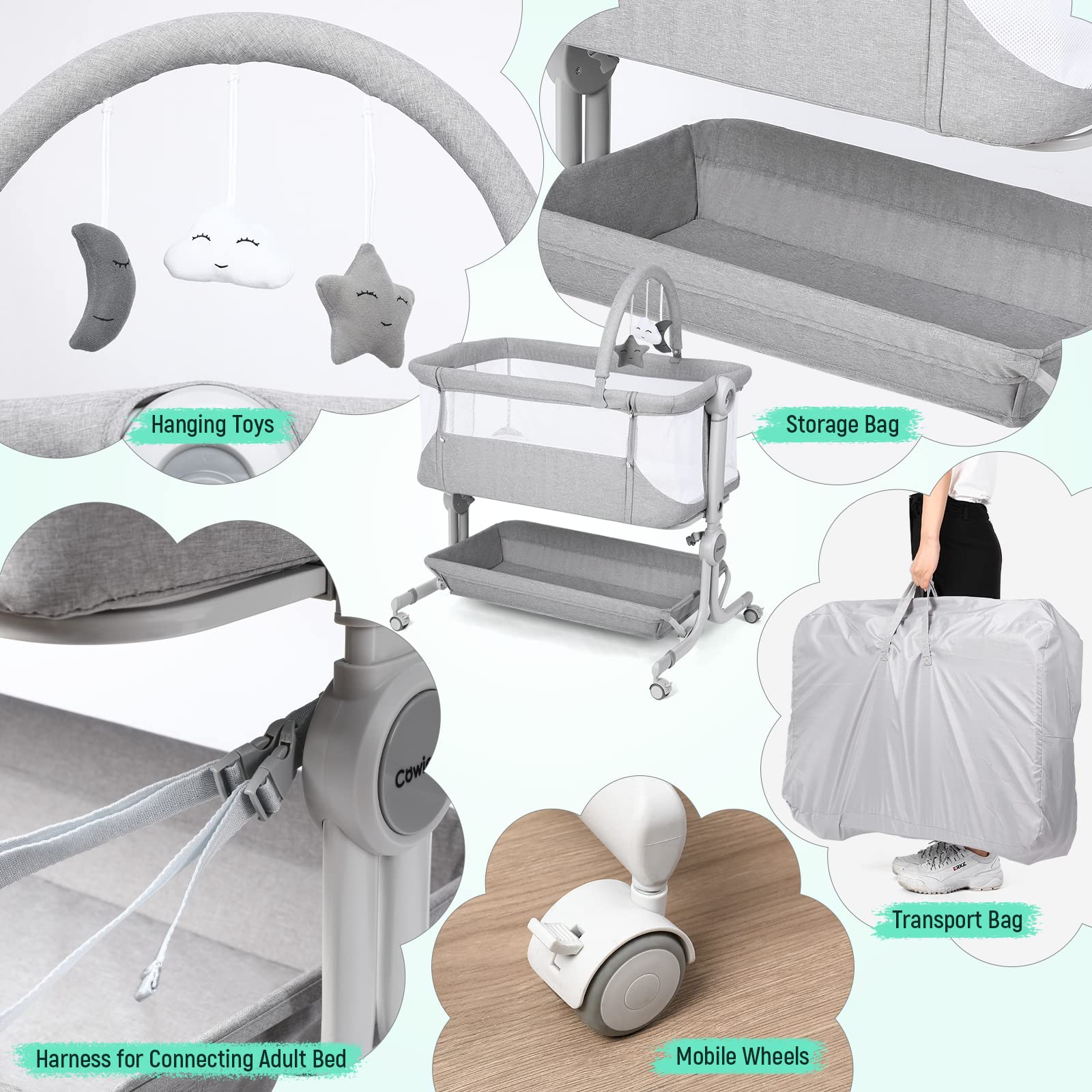 Cowiewie Baby Bassinet height-adjustable feature aligns with different beds.