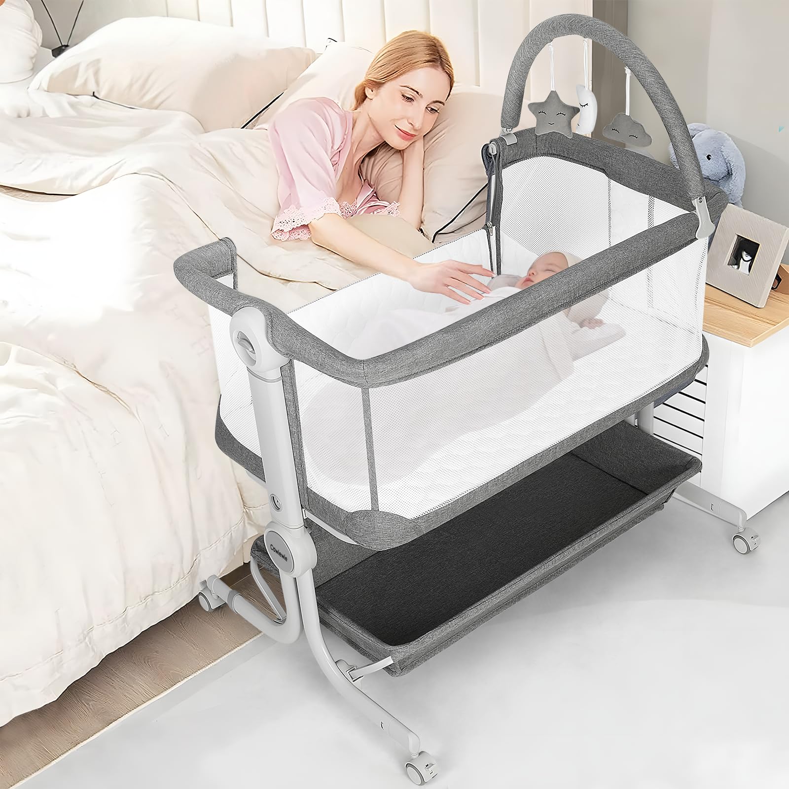 Cowiewie baby bassinet side sleeper grey keeps baby close for soothing