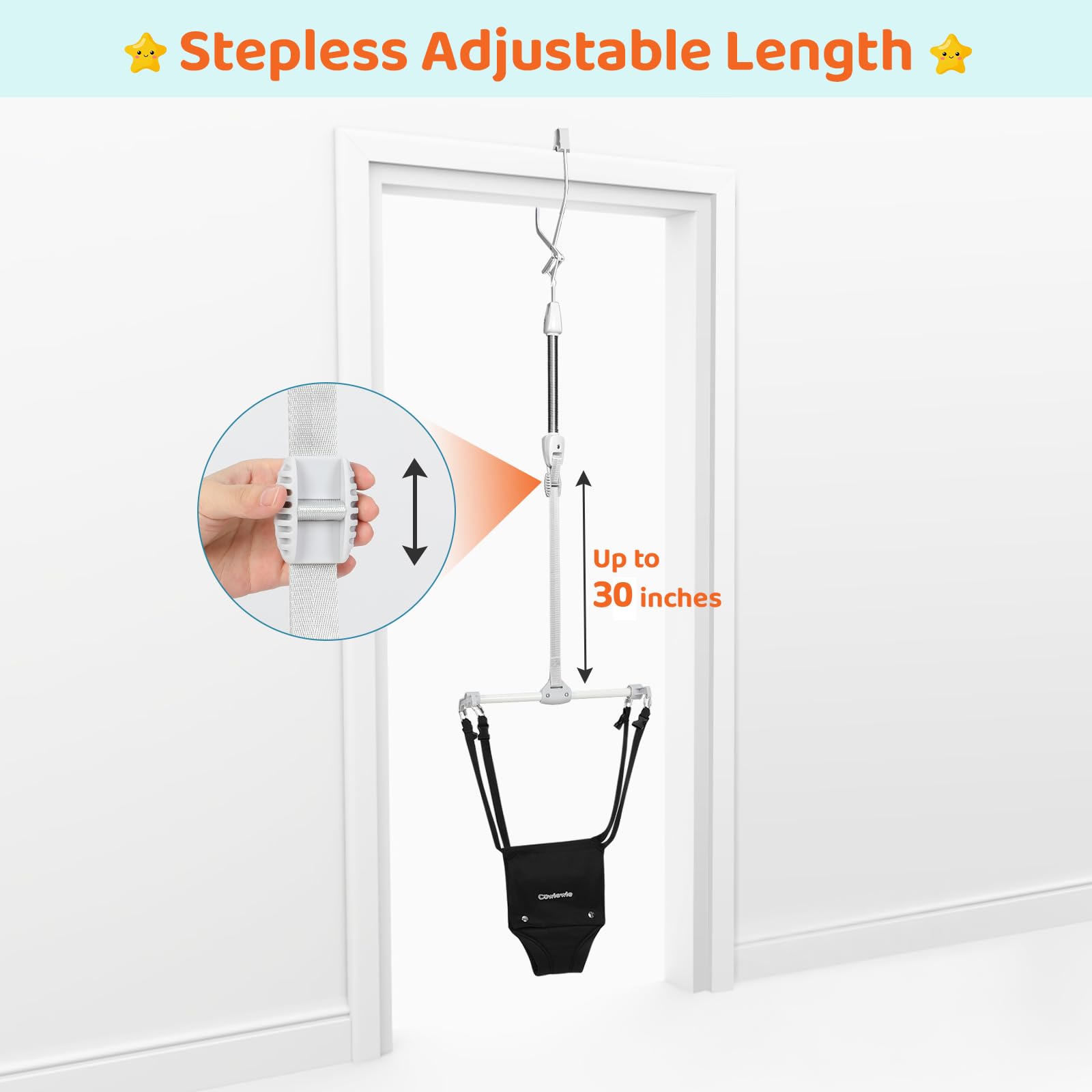 Cowiewie Baby Door Jumper's sturdy bounce spring offers gentle movement with hidden safety cord.
